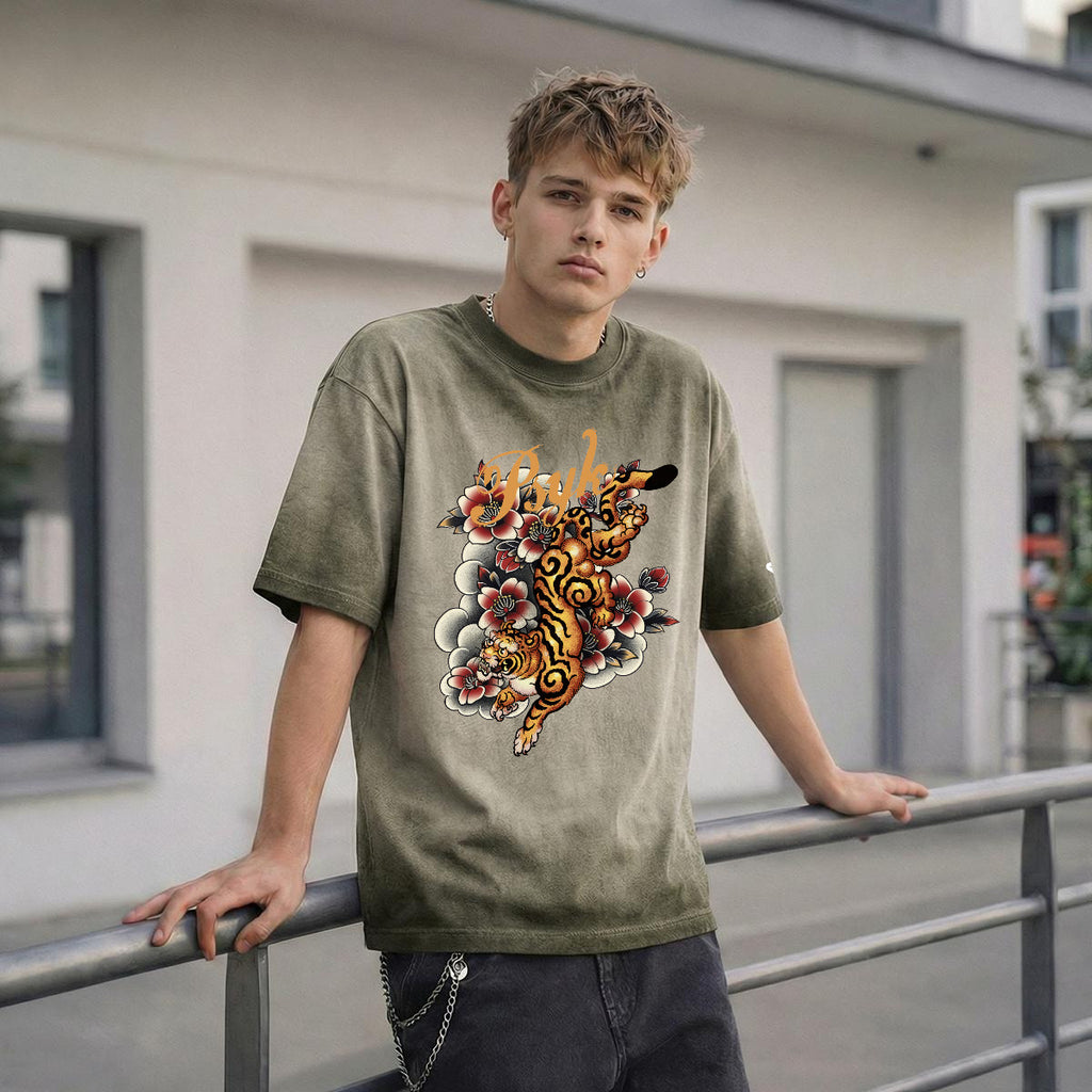 PSYK Tiger Army Green Washed Cotton Shirt