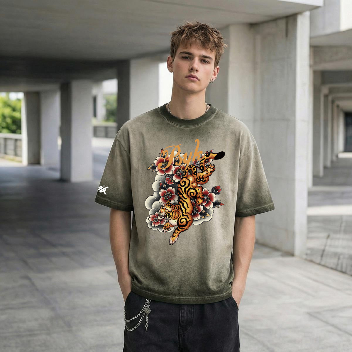 PSYK Tiger Army Green Washed Cotton Shirt