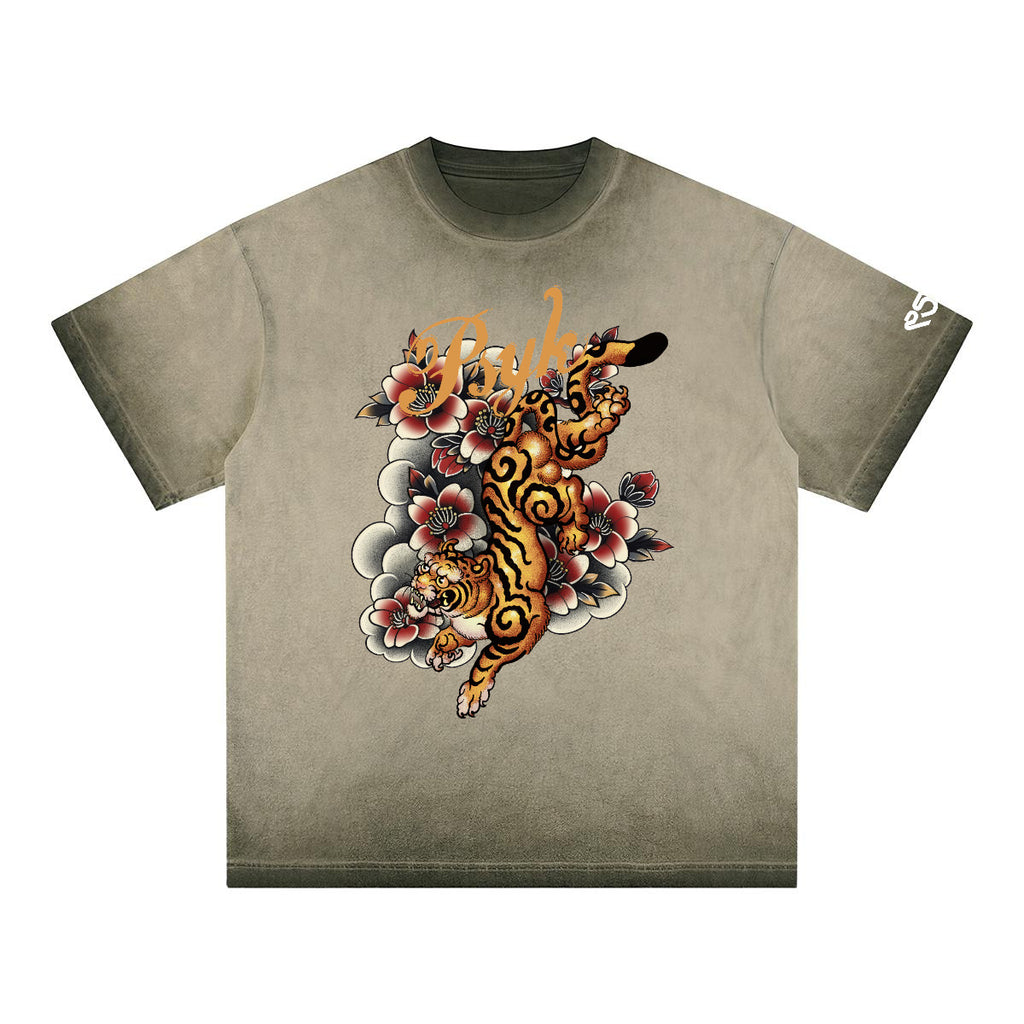 PSYK Tiger Army Green Washed Cotton Shirt