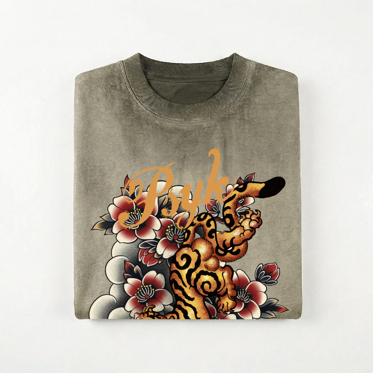PSYK Tiger Army Green Washed Cotton Shirt
